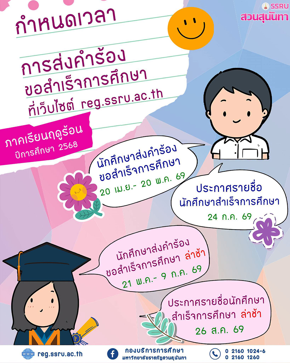 กำหนดการส่งคำร้องขอสำเร็จการศึกษา ประจำภาคเรียนฤดูร้อน ปีการศึกษา 2568 ที่ reg.ssru.ac.th